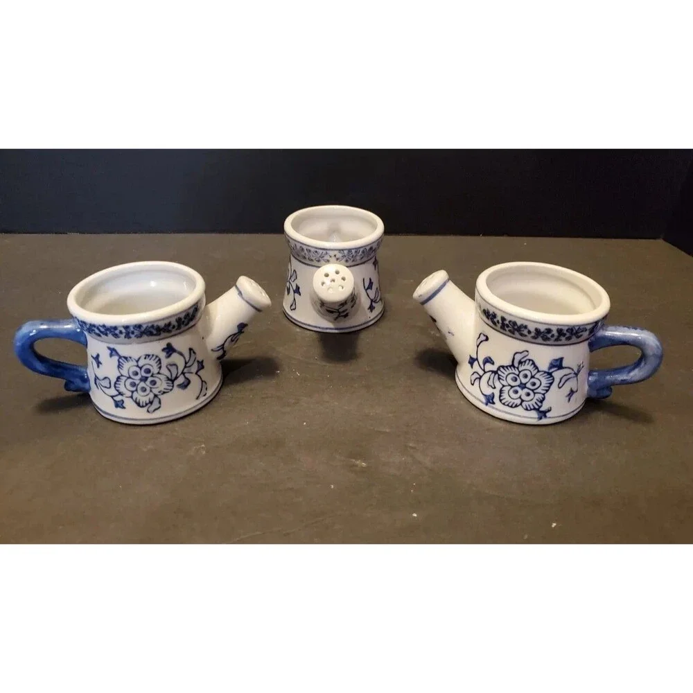 Hermitage Pottery Sprinkling Cans Pots W/ Spout, Handle Floral Blue 2.5” 3pk Vtg